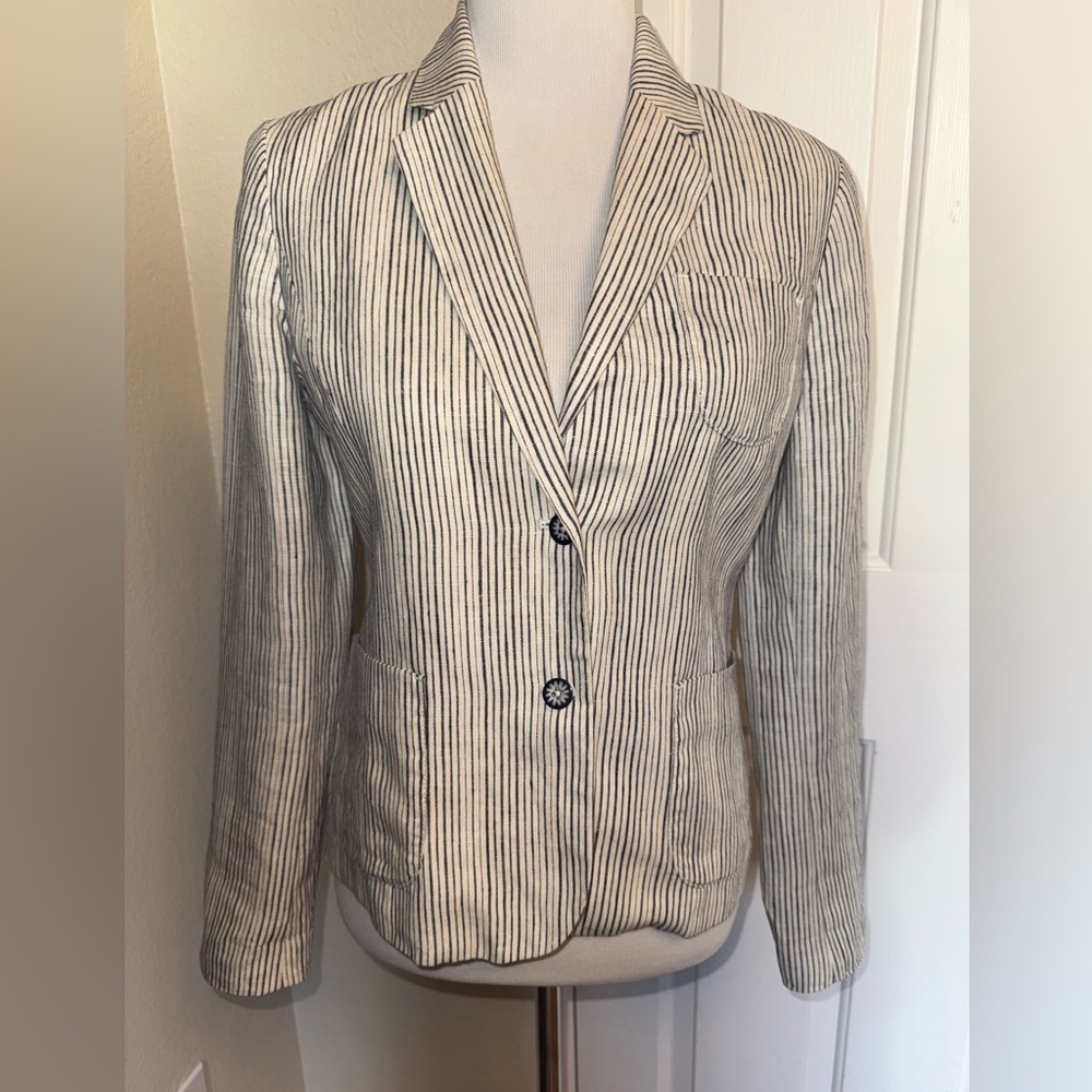 Anthropologie Cartonnier Linen Blazer Coastal Preppy Striped Size 4 Euro Summer
